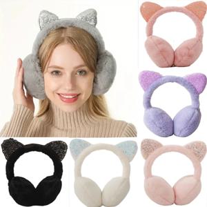 새로운 귀여운 고양이 귀 따뜻하게 반짝이 귀 플러시 귀마개 겨울 따뜻한 여성 귀 플랩 사랑스러운 소녀 귀마개 감기 보호 귀 덮개
