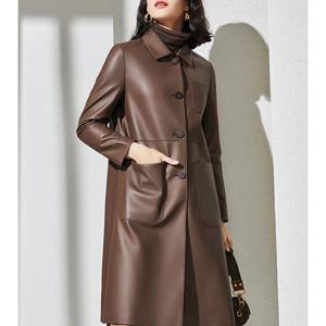 여성용 양가죽 코트, 절묘한 작은 라펠 싱글 브레스트, 미디엄 및 롱, 루즈 슬림 커피 가죽 재킷, 가을 겨울