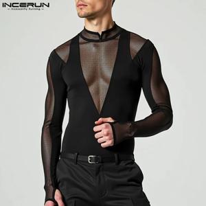 INCERUN 패션 Homewear 점프 슈트 새로운 남성 섹시한 메쉬 Splicing Rompers 얇은 꽉 스탠드 넥 긴 소매 삼각형 바디 슈트 S-5XL
