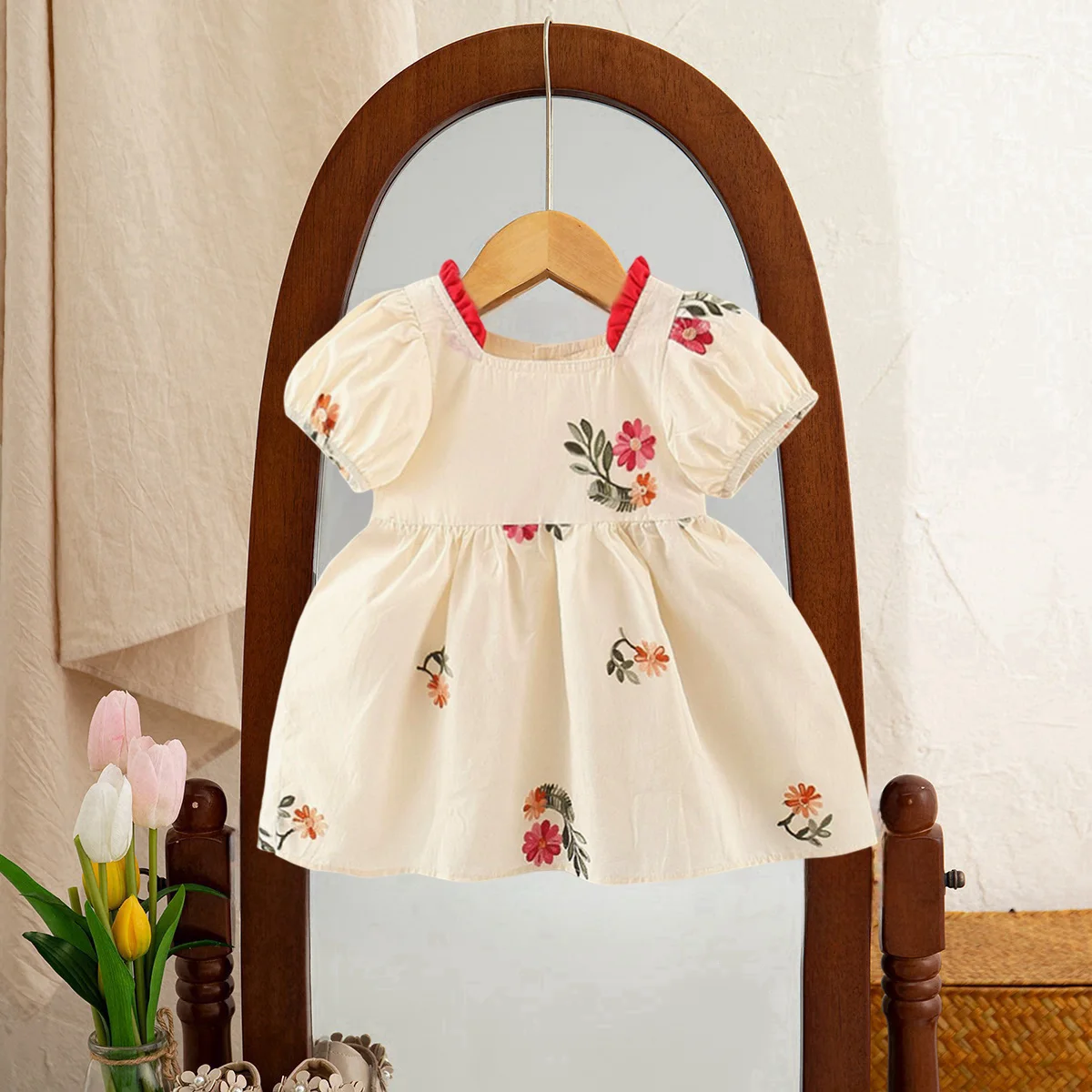 여아용 꽃 자수 버블 슬리브 드레스, 귀여운 소녀 공주 드레스, 아기 옷, 여름
