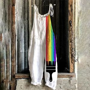 여성용 서스펜더 느슨한 점프 수트 여름 레인보우 캐주얼 보헤미안 점프 수트 3D 프린트 민소매 대형 레이스 업 바지