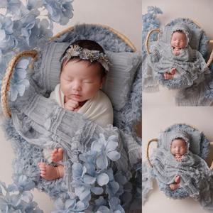 신생아 사진 랩, 흰색 코튼 스트레치 포장, 레이스 모자 베개 깃털 매트, 사진 소품, 인공 꽃 장식 소품