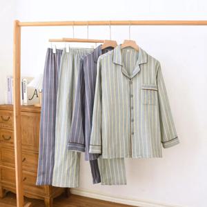 용수철 2025 100% 코튼 크레페 원단 세로 줄무늬 긴팔 긴바지, 홈 세트 세트, 남성용 잠옷 투피스 세트, 신제품