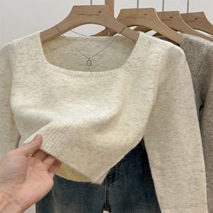 슬림핏 한국 스타일 여성 니트 탑 스퀘어 칼라 반팔 긴팔 베이스 셔츠 봄 가을 다용도 이너웨어