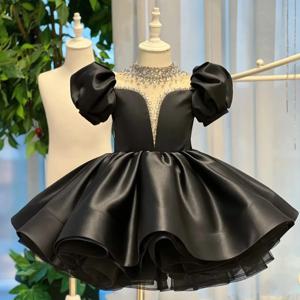 결혼식을위한 맞춤형 검은 꽃의 소녀 드레스 페르시 푹신한 무릎 길이 아기 어린이 생일 미인 대회 첫 성찬식 가운