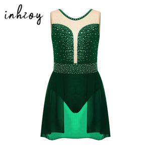 키즈 소녀 서정적 댄스 공연 의상 민소매 라인 석 레오타드 드레스 발레 투투 체조 피겨 스케이팅 댄스웨어