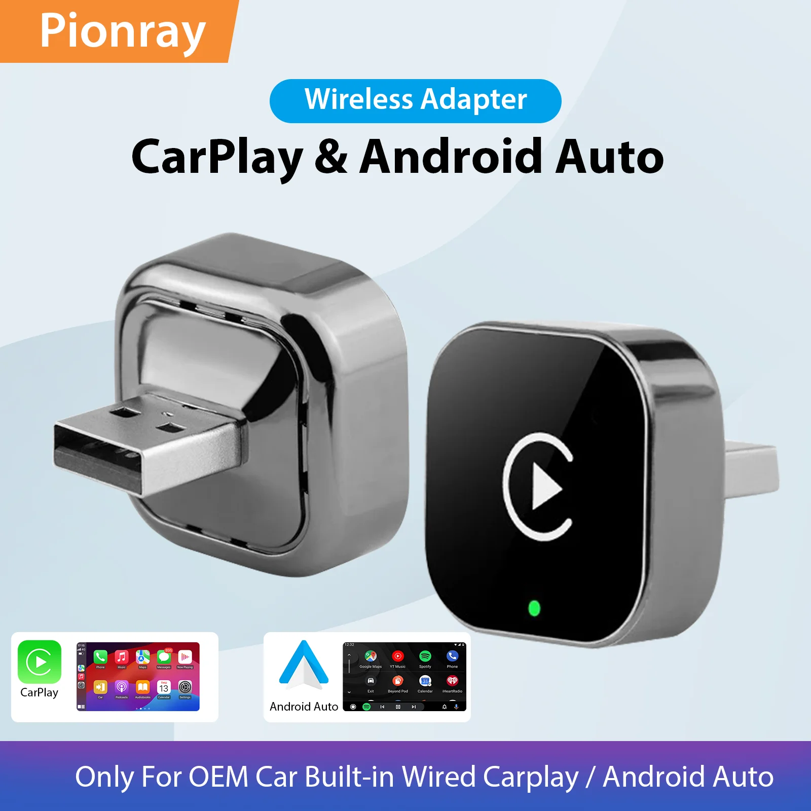 새로운 Pionray 2 in 1 무선 CarPlay 어댑터 및 안드로이드 오토 무선 어댑터, 5Ghz WiFi 타입-C/USB 플러그 앤 플레이 CarPlay 무선