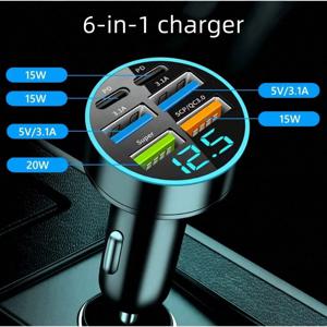 6 in 1 고속 충전 차량용 충전기 PD QC3.0 USB C 디지털 디스플레이 아이폰 삼성 비보 오포 원플러스 차량용 휴대폰 어댑터