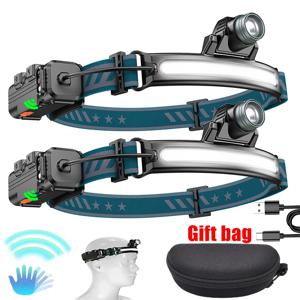 유도 전조등 XPG+COB LED 헤드 램프(배터리 내장형 손전등 포함) 다기능 USB 충전식 6가지 모드 헤드 토치