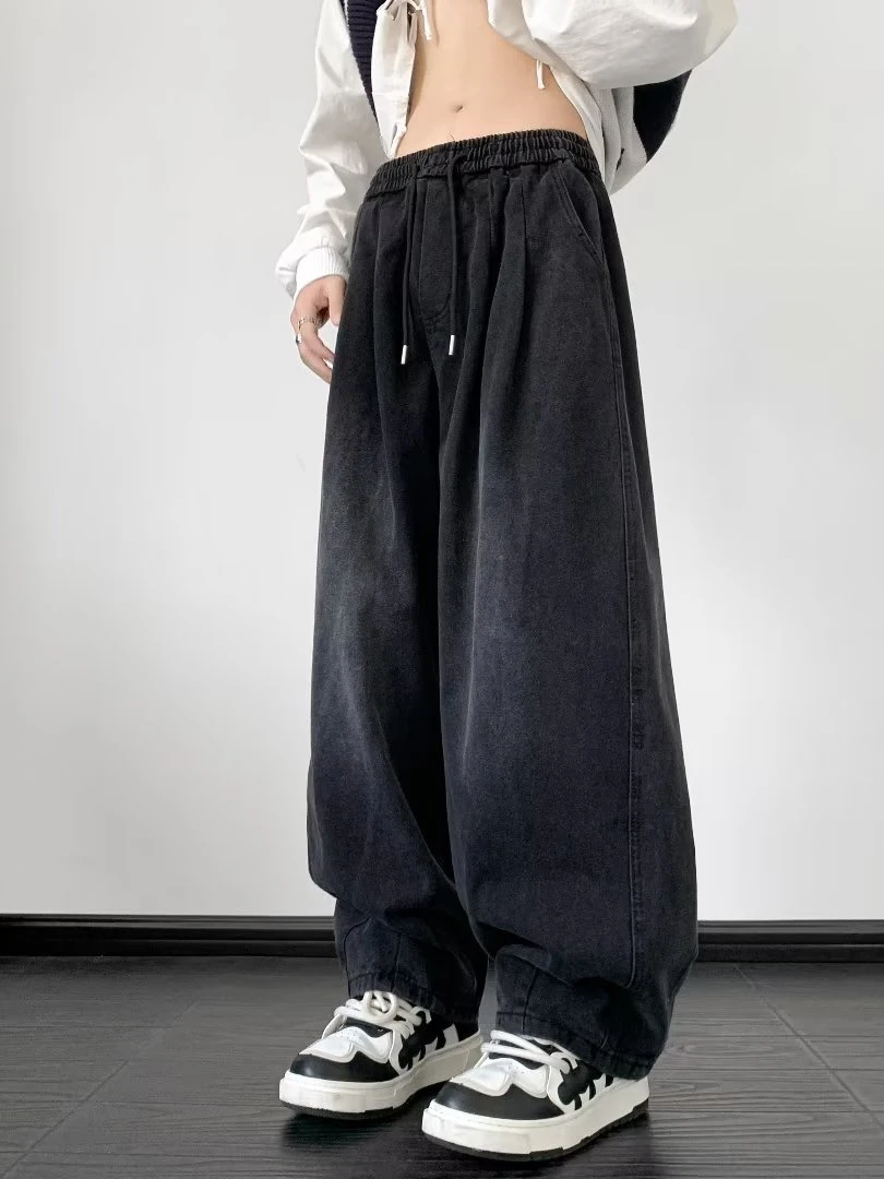 레트로 일본 스타일 루즈핏 하이 스트리트 와이드 레그 진 남성용 드로스트링 엘라스틱 웨이스트 하렘 롱 트라우저 캐주얼 웨어