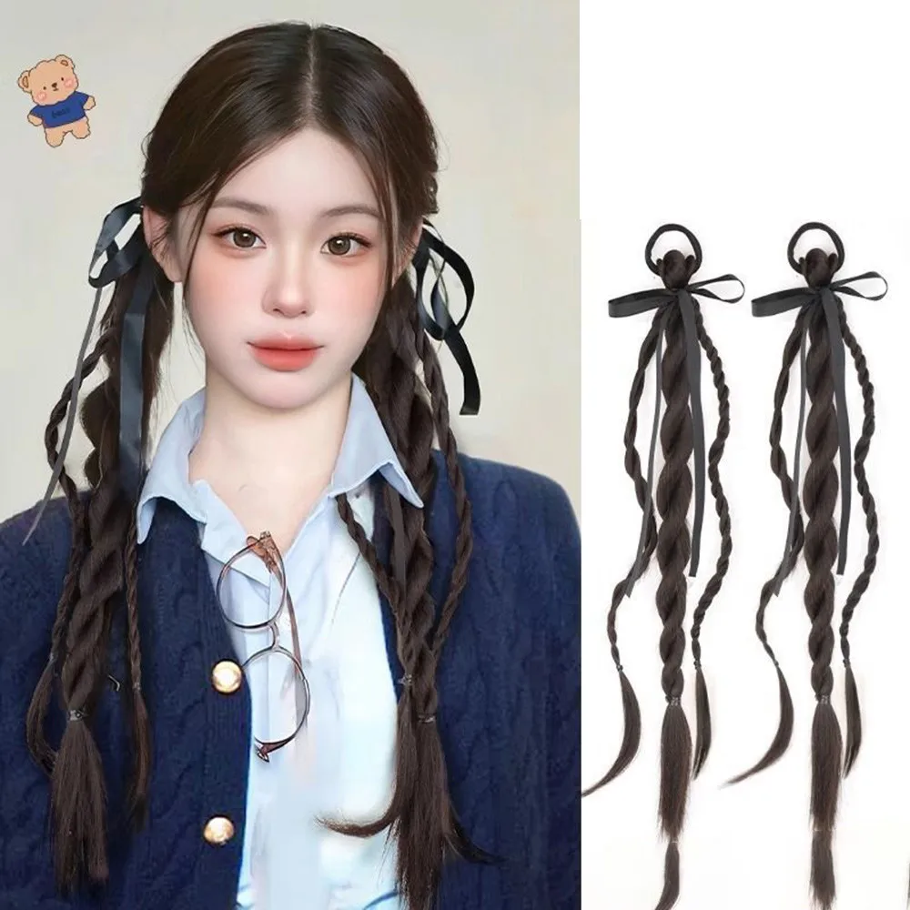 합성 가발 더블 트위스트 브레이드 헤드 로프 리본 여성 달콤한 자연 대학 스타일 나비 넥타이 더블 포니 테일 가발 헤드 로프