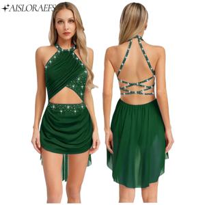 여자 발레 투투 드레스 서정적 현대 드레스 무대 공연 의상 쉬어 메쉬 라인 석 스케이트 체조 레오타드 드레스