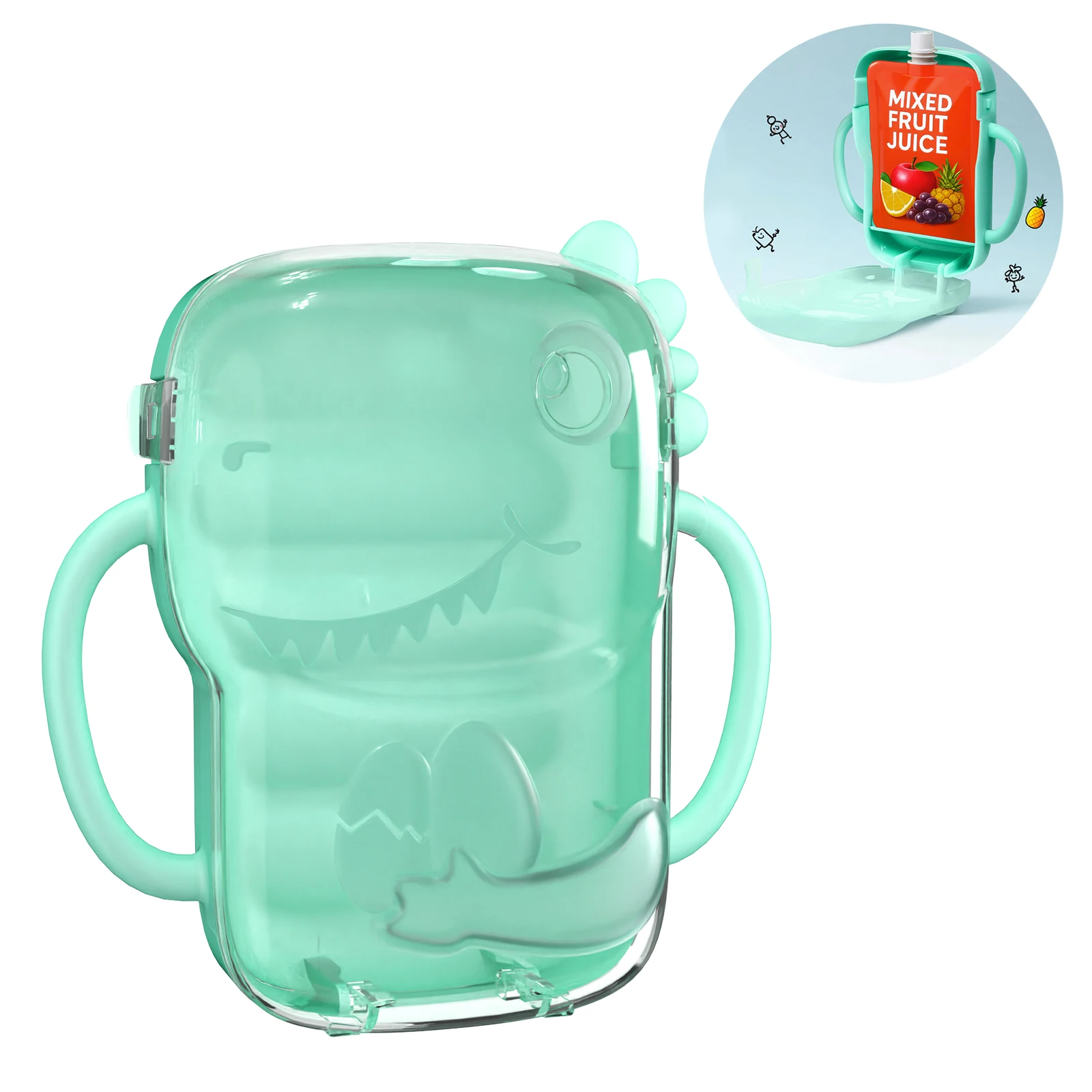 1/2팩 공룡 모양 주스 짜기 방지 보관 상자, 짜지 않는 식품 파우치 및 주스 상자 스탠드가 있는 아기 파우치 홀더