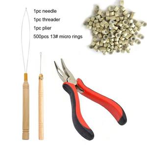 헤어 익스텐션 비즈 도구 키트(마이크로 당김 바늘 루프 스레더 및 500개 실리콘 라이닝 마이크로 링 포함)