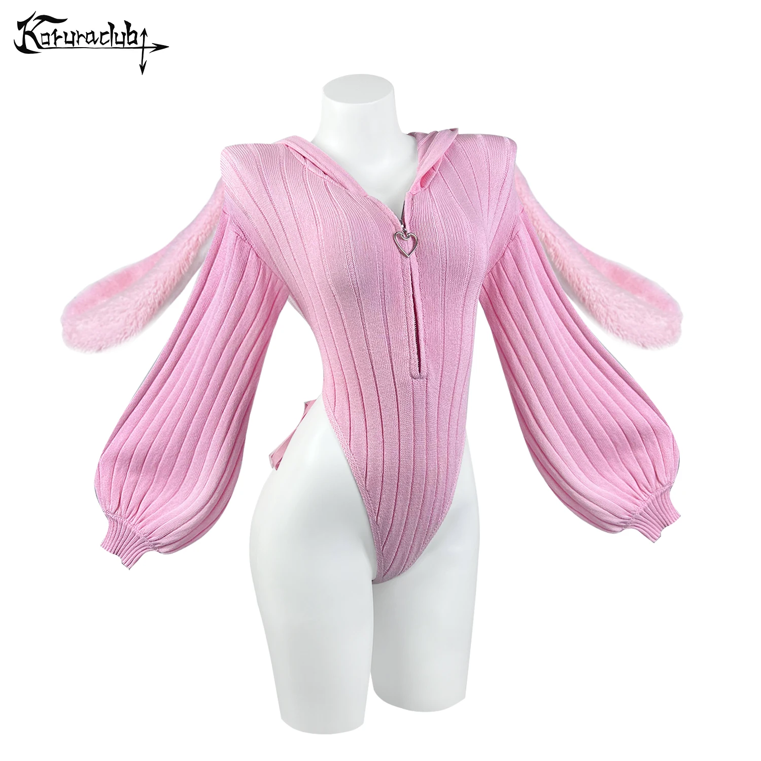 KORURACLUB 여성용 귀여운 홈 잠옷 토끼 점프 슈트 하트 지퍼 니트 버블 긴 소매 플러시 토끼 꼬리 코스프레 의상