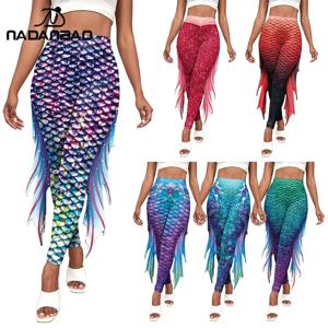 Nadanbao 여성을위한 다채로운 인어 레깅스 물고기 비늘 인쇄 바지 탄성 요가 스타킹 야외 휴가 파티 해변 바지