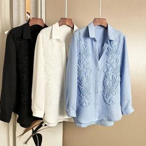 2025 새로운 여성 셔츠 코트 무거운 자수 느슨한 캐주얼 셔츠 흰색 여름 봄 중간 길이 자켓 탑 여성 셔츠 탑