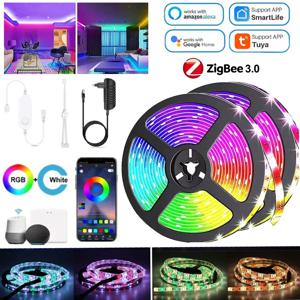 Zigbee 3.0 DC12V RGBCCT LED 스트립 조명 5050 LED 유연한 리본 테이프 디 밍이 가능한 TV 백라이트 캐비닛 침실 Alexa Google