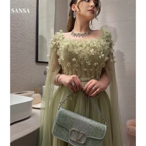 Sansa Green 3D 꽃 구슬 장식 댄스 파티 드레스 스퀘어 칼라 스윕 트레인 맞춤형 فساتين سهرات A 라인 vestido de gala noche mujer
