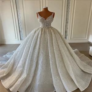 맞춤형 v 넥 화려한 스팽글 아플리케 반짝 이는 크리스탈 웨딩 드레스 정장 신부 가운 Robe De Mariée