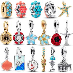 여름 925 스털링 실버 오션 블루 포장 클립 & 피는 복숭아 블러드 레드 로즈 매력에 맞게 원래 팔찌 목걸이 쥬얼리