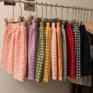 새로운 여름 반바지 잠옷 코튼 여성 반바지 여성 바지 부드러운 바지 격자 무늬 프린트 루즈 팬츠 여성 잠옷 바지