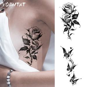 2개 방수 임시 타투 스티커 다크 스타일 장미 나비 꽃 잎 가시 바디 아트 팔 가짜 타투 슬리브 여성 남성용
