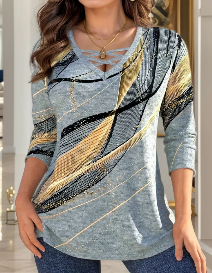 플러스 사이즈 여성 패션 크로스 V 넥 스트라이프 프린트 긴 소매 탑