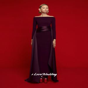 퍼플 오프숄더 이브닝 드레스 2025 새틴 롱 슬리브 머메이드 플리츠 롱 드레스 우아한 웨딩 파티 드레스 맞춤 제작