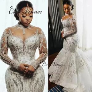맞춤형 아프리카 패션 고품질 머메이드 웨딩드레스 고급 비즈 레이스 아플리케 플러스 사이즈 웨딩드레스 여성 W1424