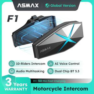 ASMAX F1 블루투스 오토바이 인터콤 10인 그룹 통신, 음성 명령, IP67 방수, Hi-Fi 스피커, BT 5.3