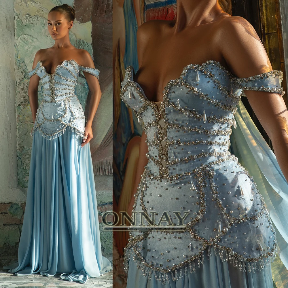 맞춤 제작된 섹시한 블루 진주 이브닝 드레스, 여성용 롱 맥시 크리스탈 두바이 사우디 베스티도스 데 피에스타 맞춤형 갈라 가운 플러스 사이즈