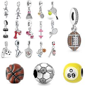 새로운 925 스털링 실버 참 축구, 야구, 테니스 덤벨 펜던트, 유럽 팔찌 및 여성용 주얼리에 적합