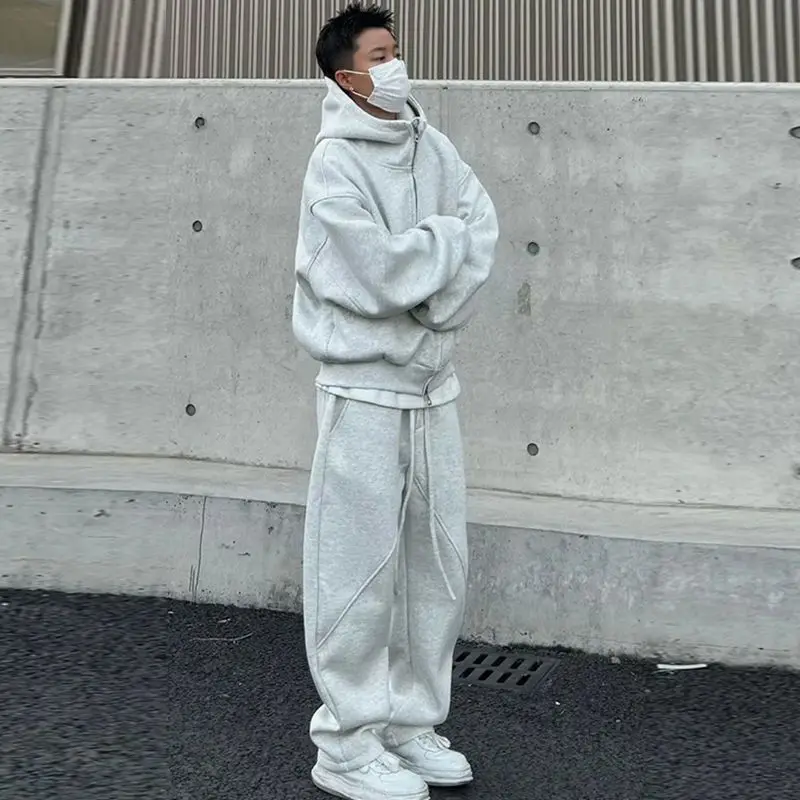 남성용 겨울 플리스 안감 루즈핏 후드티와 스트레이트 레그 팬츠 세트 투피스 캐주얼 의상 커플 매칭 트랙수트