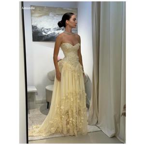 아만다 맞춤형 노란색 스팽글 꽃 자수 댄스 파티 드레스 Strapless Backless vestidos de noche 바닥 길이 정장 이브닝 드레스