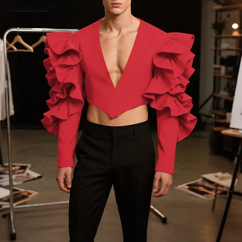 INCERUN 남성용 불규칙 블레이저 러플 솔리드 컬러 긴 소매 딥 V넥 크롭 수트 남성 스트리트웨어 2025 패션 캐주얼 남성 블레이저