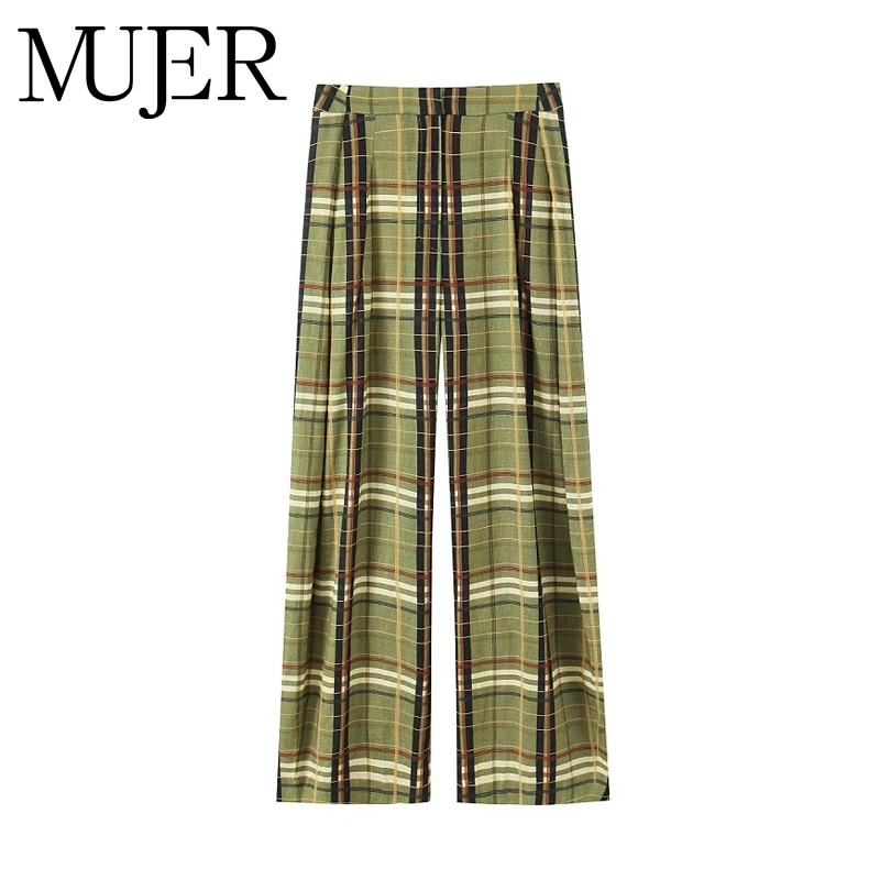 MUJER 여성용 체크 와이드 레그 팬츠 중간 허리 루즈 팬츠 여성 스트리트웨어 캐주얼 여성 팬츠 휴가 빈티지 바지 여성용
