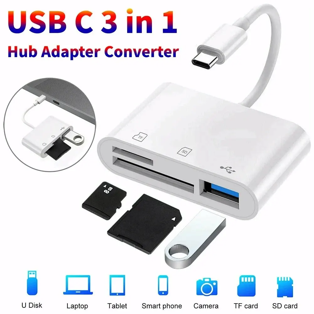 3 in 1 타입 C 어댑터 TF CF SD 메모리 카드 리더 USB C 호환 화웨이 맥북 프로 및 기타 기기용