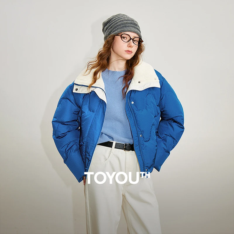 TOYOUTH 여성 다운 재킷 2025 겨울 신상 90% 화이트 덕 다운 니트 칼라 경량 두꺼운 따뜻한 브레드 재킷 코트 블루