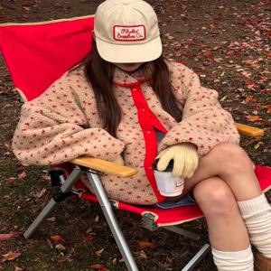 시크 빈티지 양면 착용 양털 코튼 재킷 숏 아우터웨어 여성용 긴 소매 턴다운 칼라 하트 패턴 자수