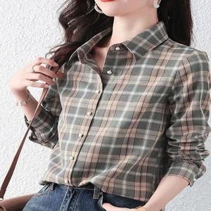 회색 체크무늬 여성 셔츠 캐주얼 출퇴근용 심플한 턴다운 칼라 대형 사이즈 긴 소매 포켓 손수건 비즈니스 스타일
