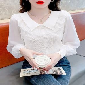 한국 스타일의 부드러운 인형 칼라 쉬폰 혼합 긴 소매 여성 니트 포켓 손수건 패션 가을 셔츠