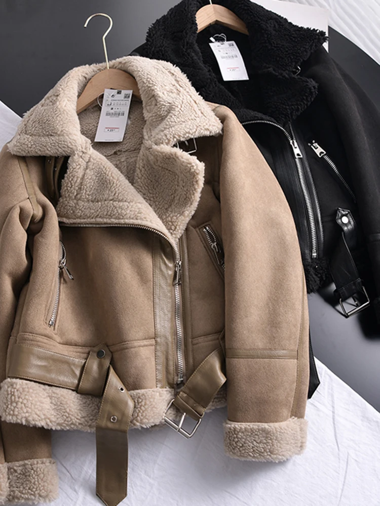 Ailegogo 겨울 여성 두꺼운 따뜻한 스웨이드 양고기 자켓 짧은 오토바이 브라운 코트 가짜 Shearling 양피 가죽 자켓 Outwear