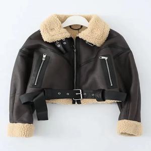 Ailegogo 겨울 여성 streetwear 가짜 양고기 가죽 모피 짧은 자켓 벨트 모토 바이커 두꺼운 따뜻한 양피 코트 아웃웨어
