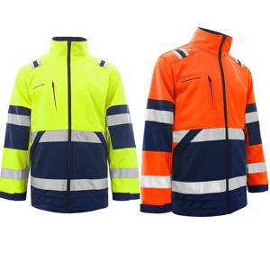 Hi Vis Jacket 높은 가시성 반사 양털 재킷 겨울 줄무늬 패치 워크 후드 투톤 스탠드 칼라 안전 작업복