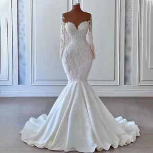 아이보리 웨딩 드레스 럭셔리 아플리케 시어 튤 넥 머메이드 웨딩 가운 신부용 긴 소매 새틴 우아한 웨딩 드레스