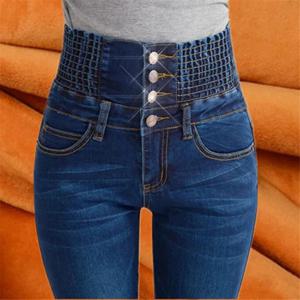 2025 가을 겨울 신상 오버사이즈 싱글 버튼 하이웨이스트 밴딩 청바지 여성 슬림 스키니 팬츠 벨벳 따뜻한 바지