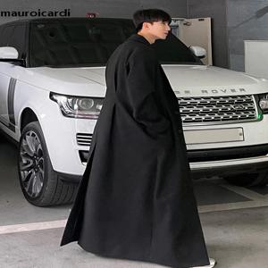 Mauroicardi 가을 겨울 엑스트라 롱 웜 블랙 루즈 캐주얼 울 블렌드 코트 남성 럭셔리 바닥 길이 오버 코트 한국 패션