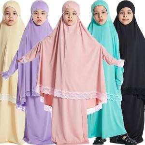 이슬람 어린이 소녀 Hijab 드레스 라마단 Khimar 스커트 세트 오버 헤드 Eid기도 의류 Burqa Abaya 가운 Kaftan 후드 가운