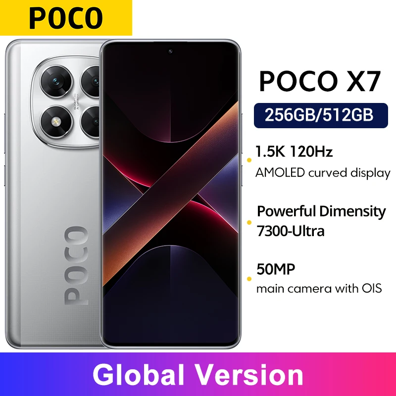 POCO X7 스마트폰 샤오미 HyperOS 50MP 카메라, 글로벌 버전, 치수 7300 울트라 NFC, 6.67 인치, 120Hz AMOLED 디스플레이, 5110mAh, 45W, IP68